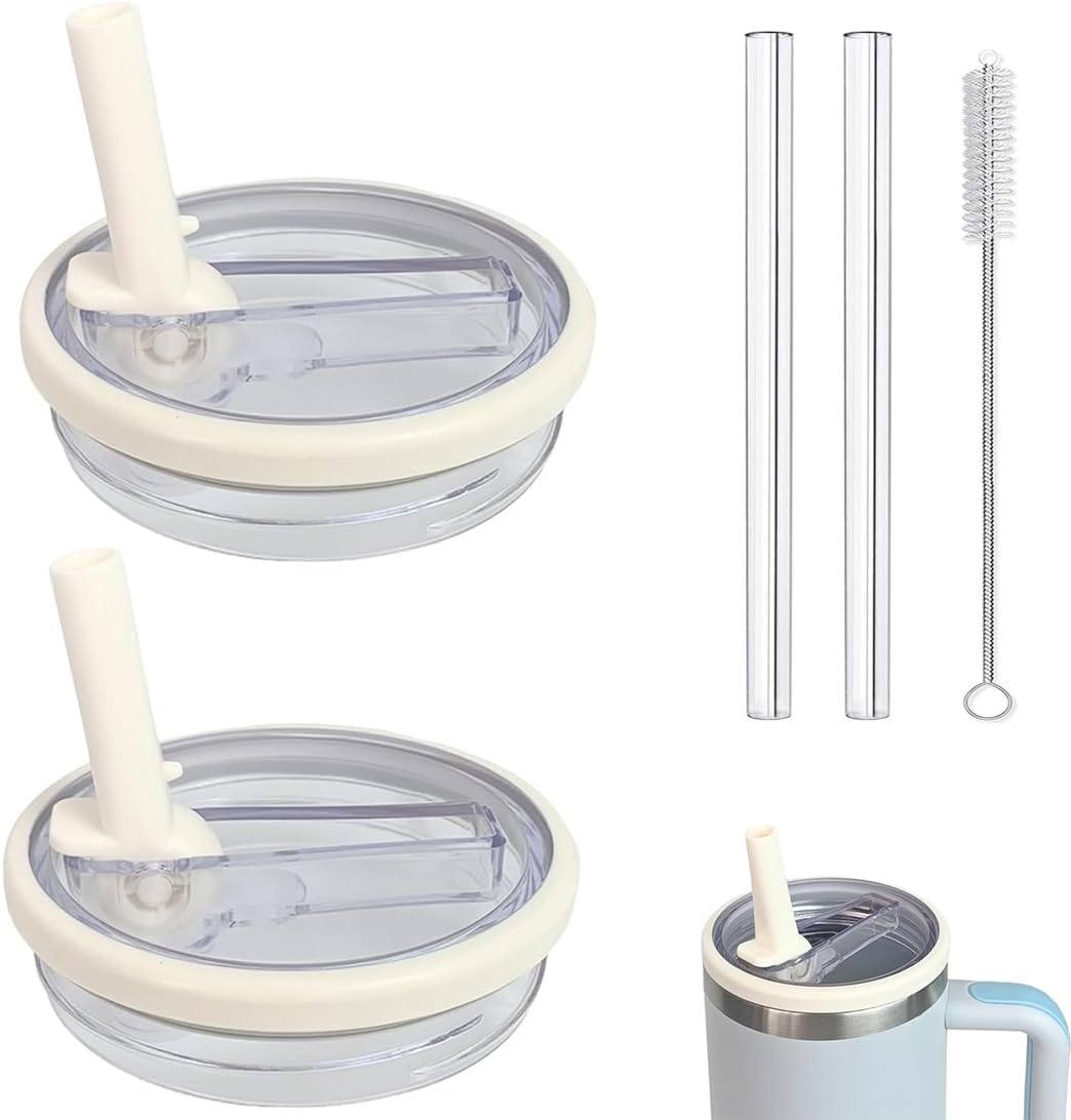 40 oz Tumbler Lid Replacement Leak Proof Spill Proof Flip Straw for Stanley Lid, 40oz Cup Lid (2 Pack Beige)