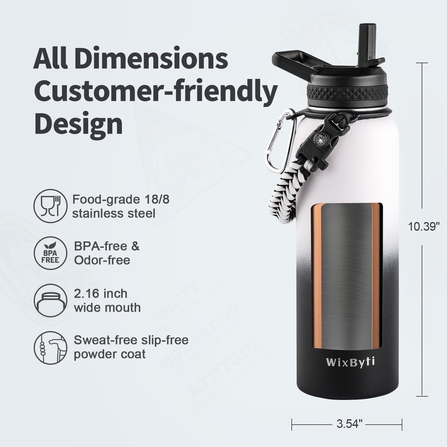 WixByti 40 oz Insulated Water Bottle with Straw (Cold for 36 Hrs), Stainless Steel Triple Wall Vacuum Sports Water Jug, Leakproof Hydro Cup Flask with Paracord Handle & Straw Spout Lids & DIY Stickers