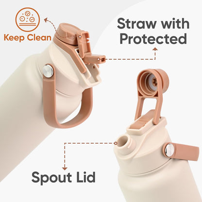 KEWIXY 32 oz Insulated Water Bottle, 2-in-1 Lid, Straw & Spout with Protected, Leak Proof, Keep Cold, Stainless Steel, Metal, Reusable, Handle, for Outdoor, Gym and School, 2 Lids, Blush Pink