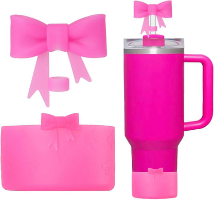 Bow Silicone Protective for Stanley Boot for 20/30/40Oz, 2 Pack for Stanley Cup Accessories Compatible 12-24Oz for Hydroflask Boot and More (Pink Set)