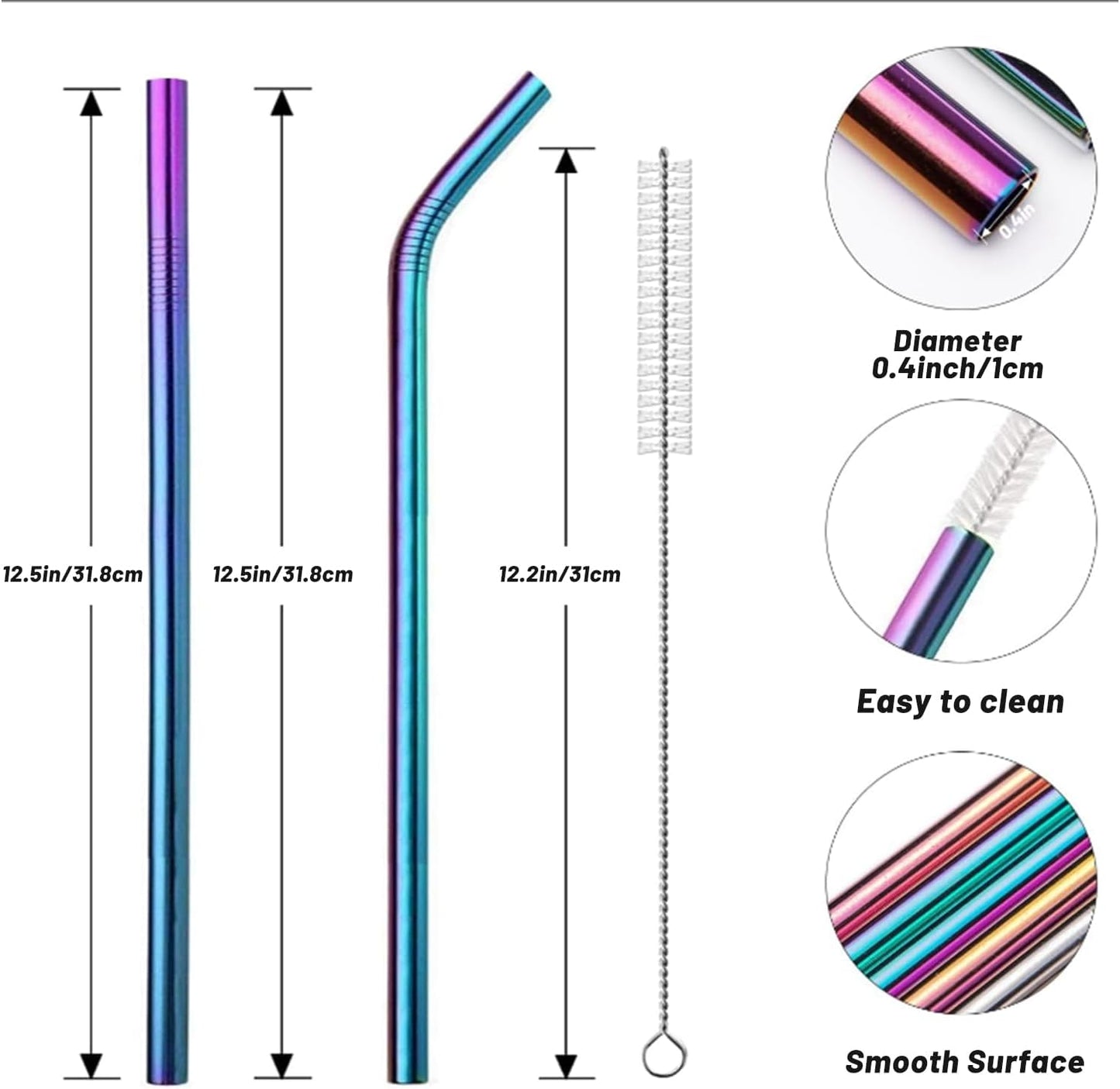VEHHE Metal Straws Stainless Steel Straws Drinking Straws Reusable - 10.5" Ultra Long 4 + 1 - W/Cleaning Brush for 20/30 Oz for Yeti RTIC SIC Ozark Trail Tumblers (2 Straight|2 Bent|1 Brush)