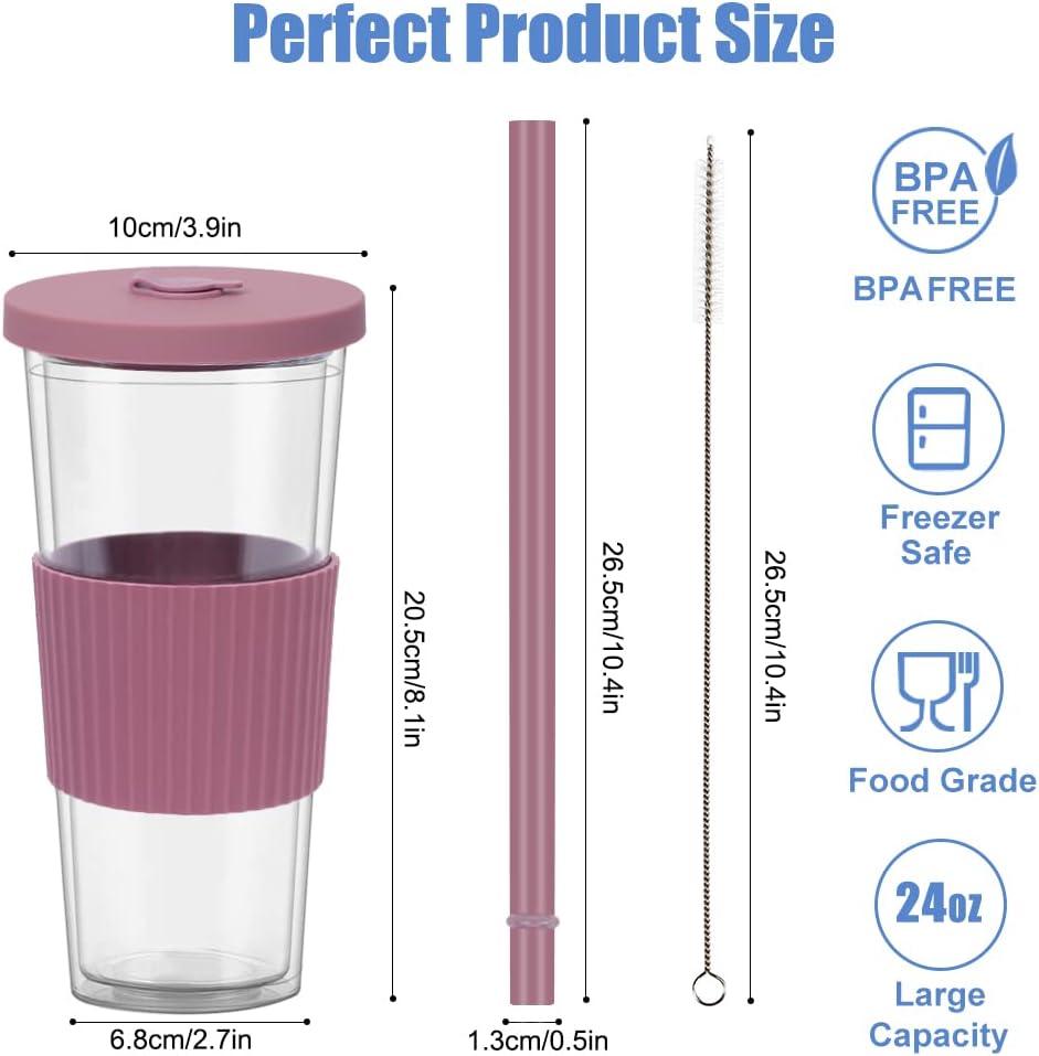 2 Pack Reusable Boba Tea Cups, 24oz Iced Coffee Cup with Straw and Lid, Leakproof Clear Plastic Cups Tumbler, Double Wall Insulated Smoothie Tumbler, Wide Straw for Bubble Tea, Black and White