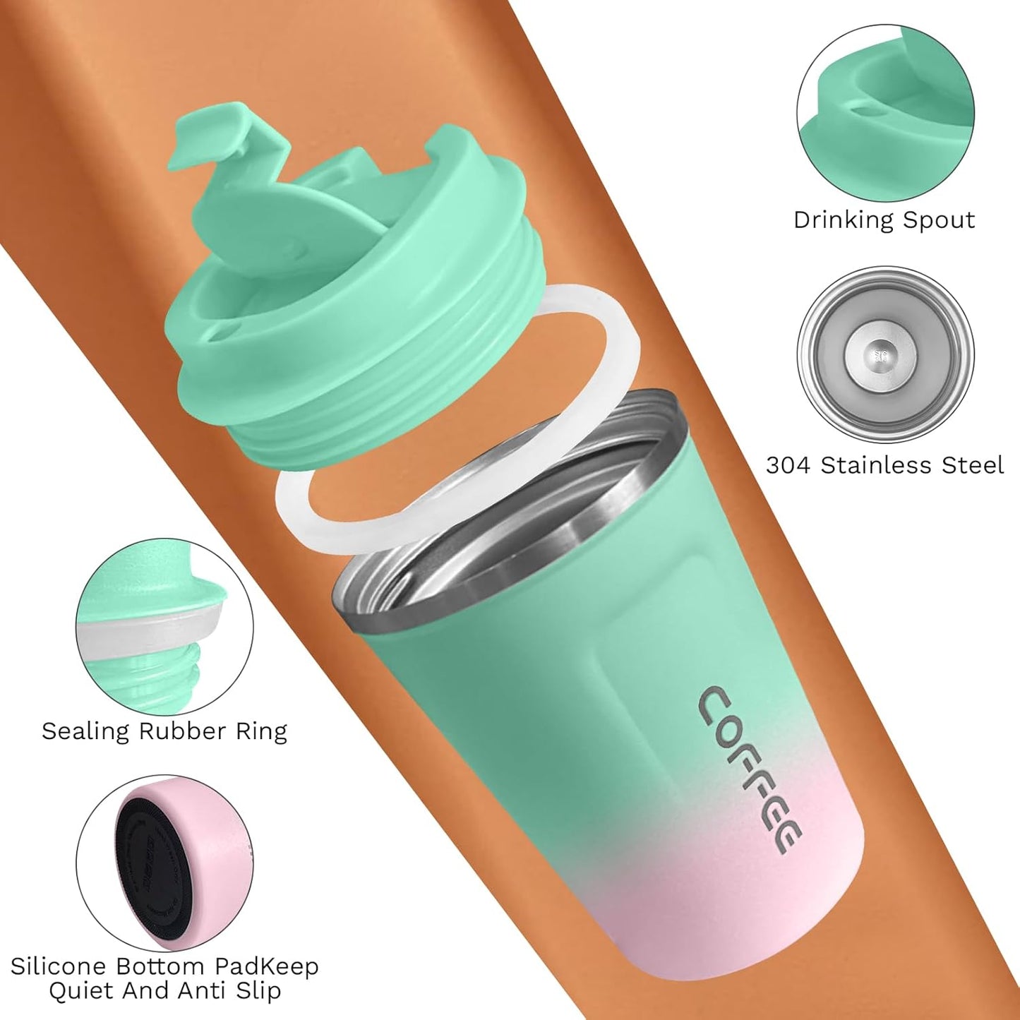 SPLMIFA Travel Coffee Mug Leak-Proof, Reusable Coffee Cups with Lids, Stainless Steel Vacuum Insulated Coffee Tumblers, Thermal Insulation Cup for Men and Women Hot & Cold Drinks(2nd-Green Pink, 12OZ)