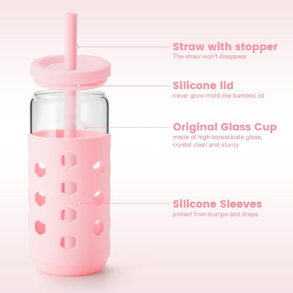 Mrsdry Glass Cups with Lids and Straws (4 Pcs), 16oz Drinking Glasses Set with Silicone Sleeves for Coffee Bar Accessories Iced Coffee Cups with Lids, Glass Tumbler Reusable for Gifts