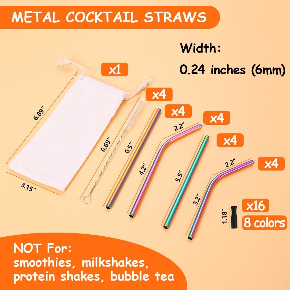 Lazycorner 16 Pcs Metal Straw Reusable 8.5" 10.5" 6mm Stainless Steel Straws for Tumblers 20oz-32oz, Rainbow Drinking Straws with Silicone Tips, 4 Straw Cleaner Brush, 1 Travel Case