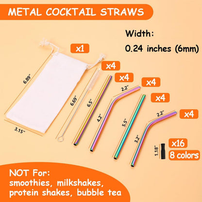 Lazycorner 16 Pcs Metal Straw Reusable 8.5" 10.5" 6mm Stainless Steel Straws for Tumblers 20oz-32oz, Rainbow Drinking Straws with Silicone Tips, 4 Straw Cleaner Brush, 1 Travel Case