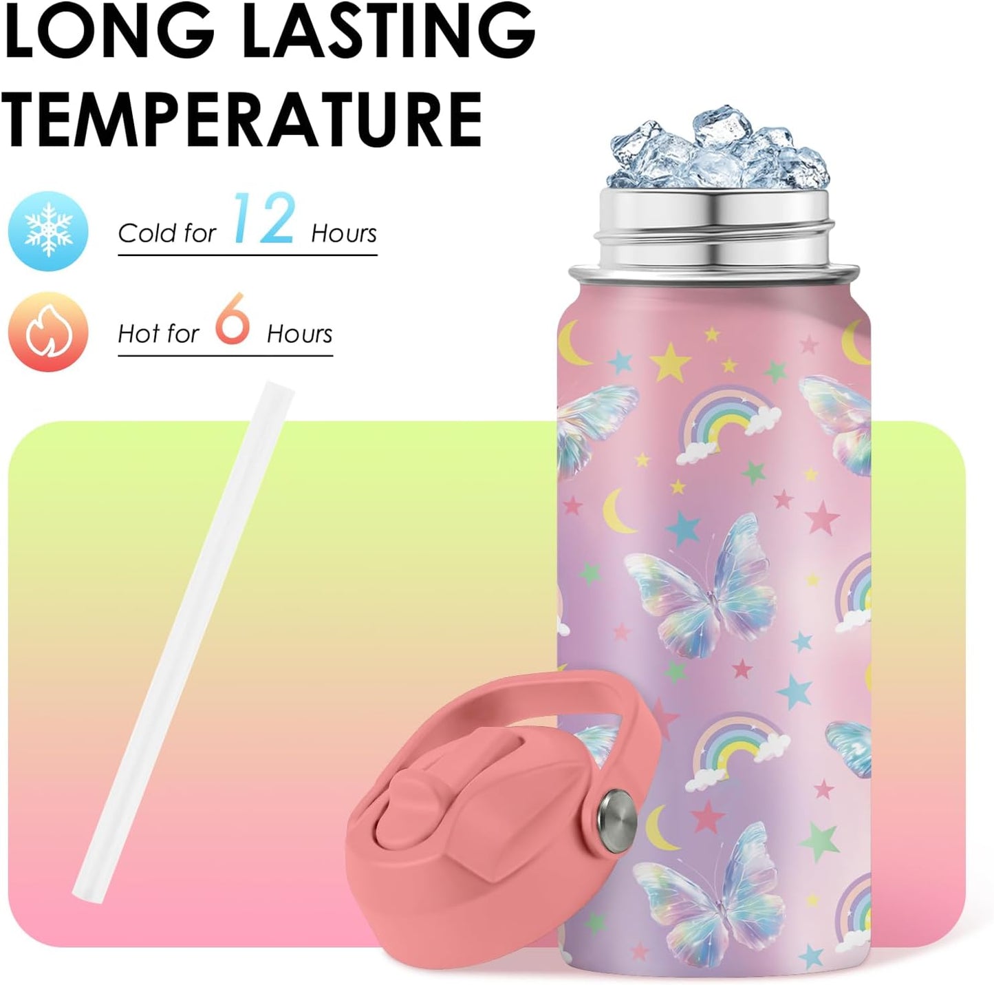 Strawberry Gifts for Kids - 16oz Pink Kids Water Bottle with Straw Lid, Stainless Steel Insulated Water Bottle, Leakproof, BPA-Free, for Girls, School, Strawberry Lover Children Birthday Gift Cup(1pc)