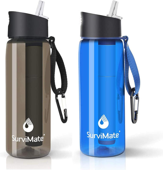 SurviMate Purified Water Bottle for Camping, Hiking, Backpacking and Travel, BPA Free with 5-Stage Intergrated Filter Straw