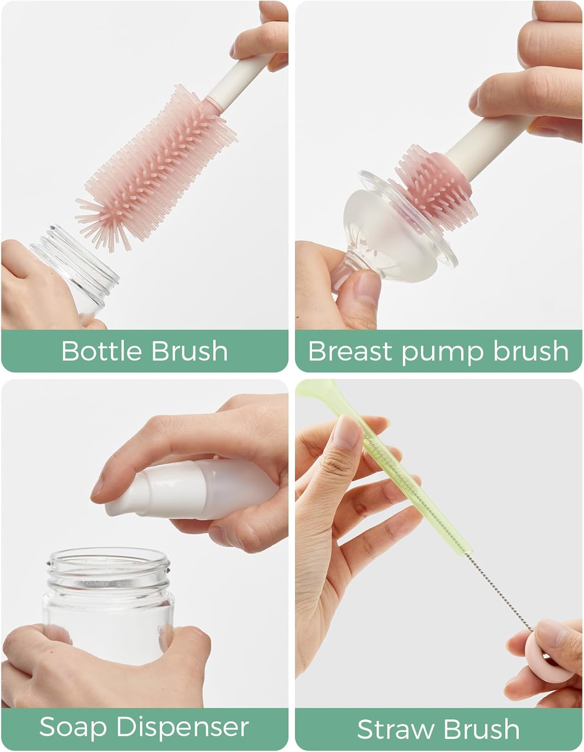 Momcozy Bottle Brush Kit with Push-Press Foam Design - Newborn Essentials Gift, Portable Cleaning Tool for Home & Travel, Baby Bottle Cleaner Brush for Breast Pumps & Nipples, Green