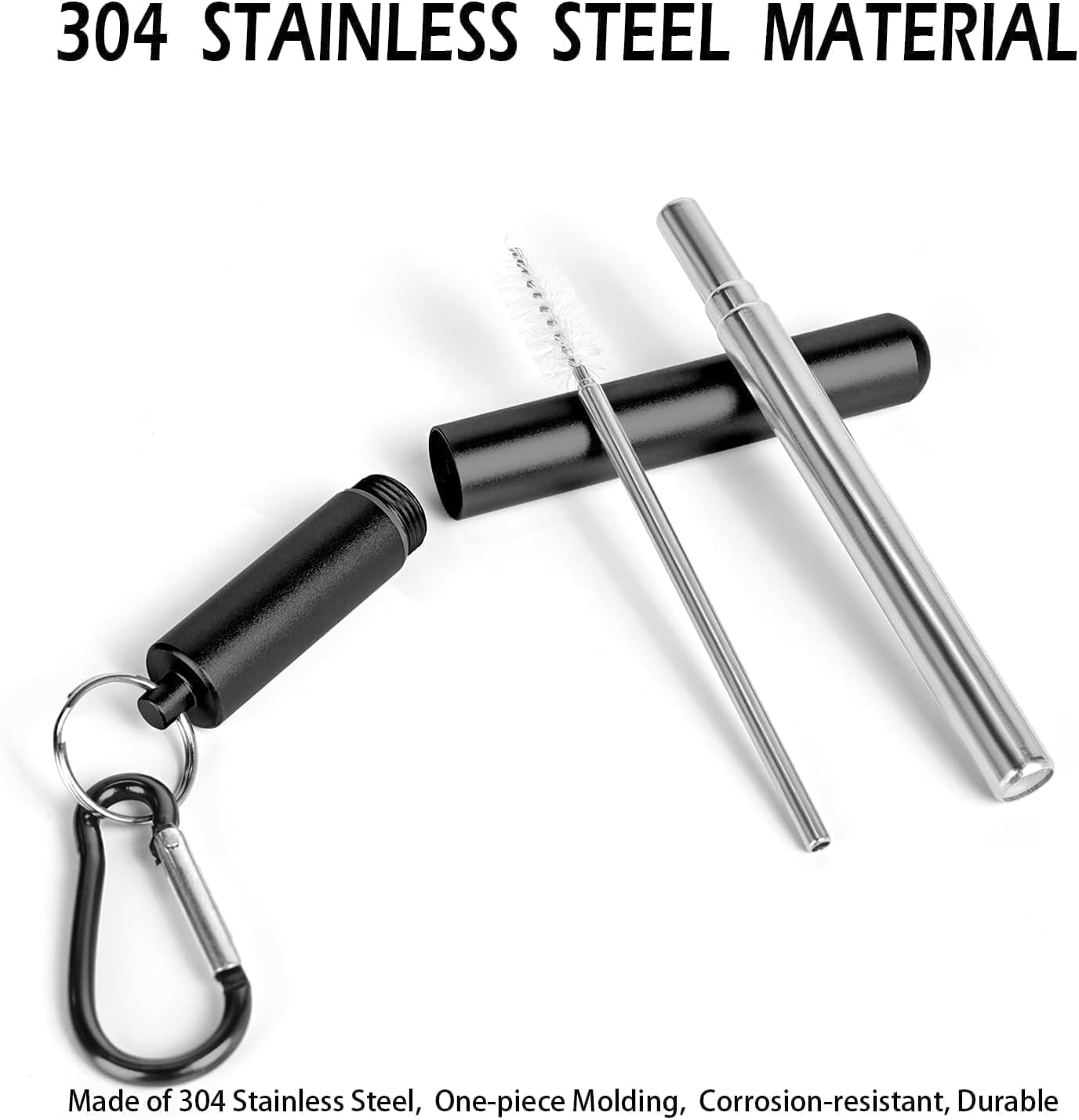 Collapsible Stainless Steel Drinking Straws with Aluminum Case, Cleaning Brush, and Keychains（Black+Silver）