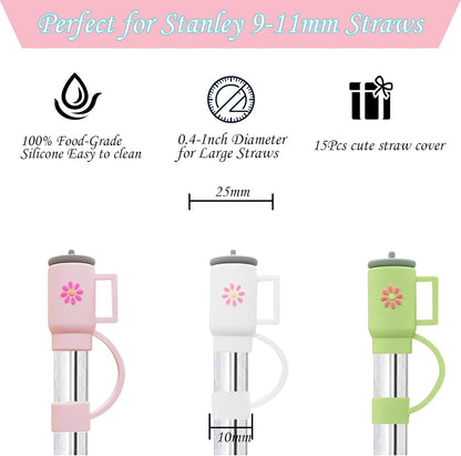 15Pcs Straw Toppers for Stanley Cup, Silicone 10mm Straw Cover Cap for Stanley 30 40oz Tumblers, Reusable Lid Accessories