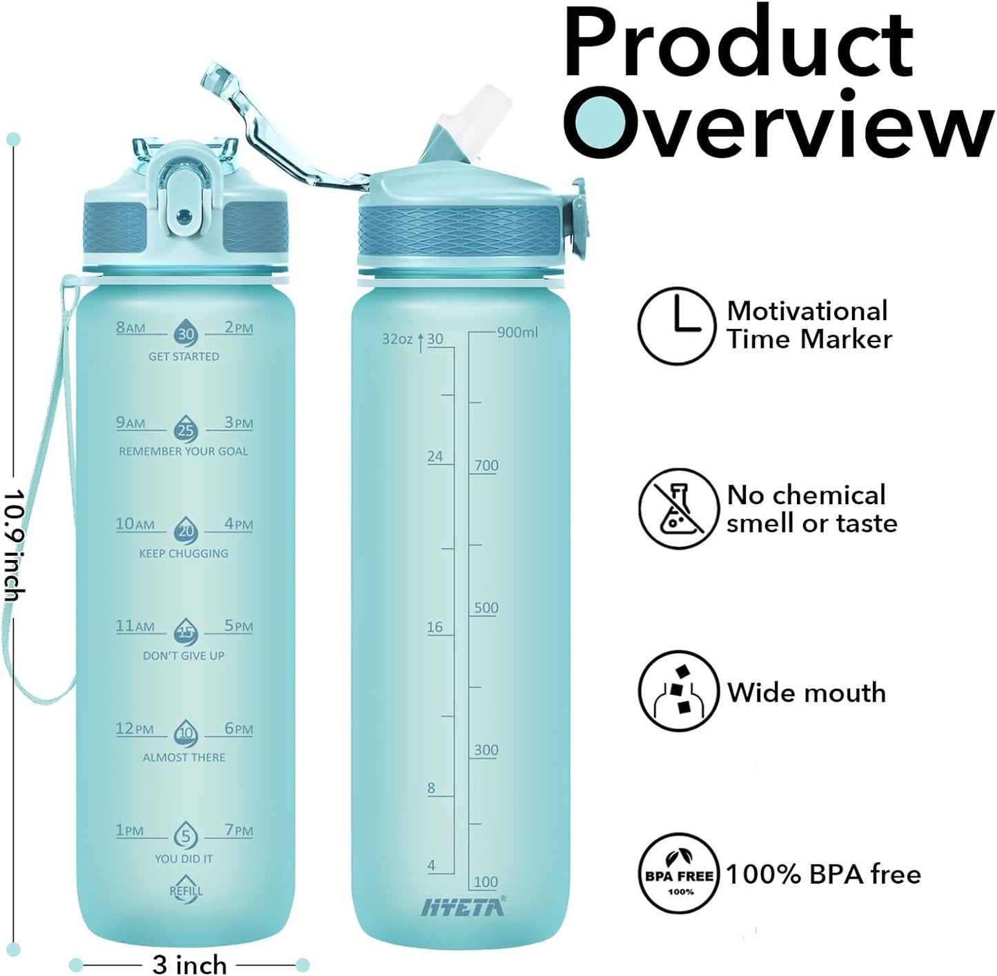Hyeta 32oz Water Bottles with Straw - Stay Motivated and Hydrated with Convenient Times to Drink Markings, Durable, Leak-proof