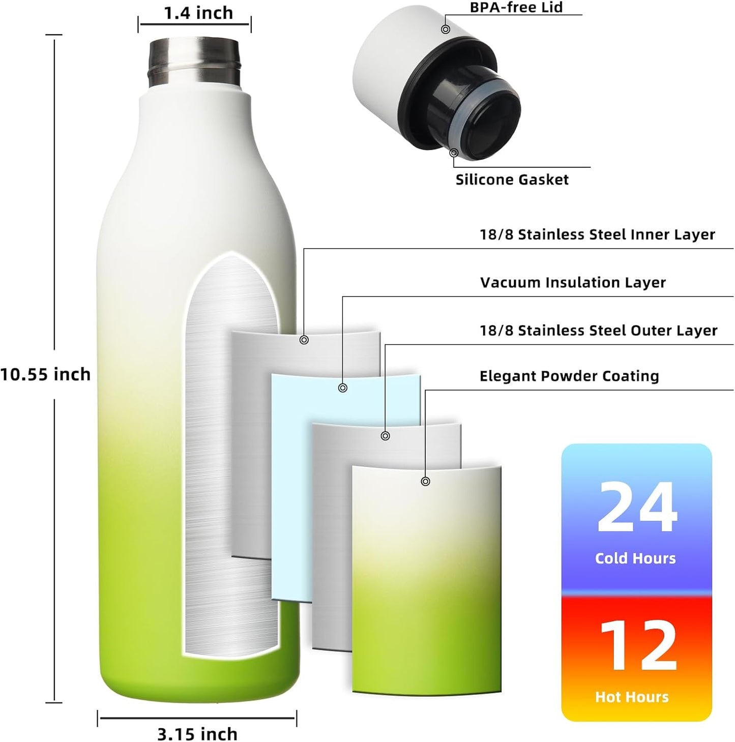BJPKPK Insulated Water Bottles, 18 oz Stainless Steel Metal Water Bottle with Strap, BPA Free Leak Proof Jugs, Mugs, Flasks, Reusable Thermal Flasks for Sports & Travel, Black - Colors B
