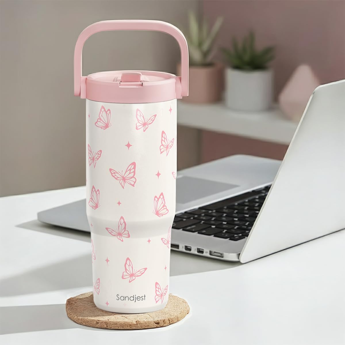SANDJEST Leopard Skin Stainless Steel Straw Lid Tumbler 30oz with Carry Handle for Women Girls, Insulated Travel Coffee Cup, Gift for Sports Outdoor Workout Christmas Birthday (Beige)
