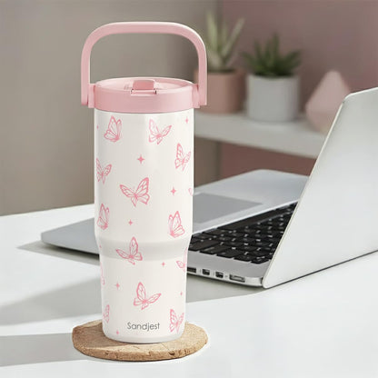 SANDJEST Leopard Skin Stainless Steel Straw Lid Tumbler 30oz with Carry Handle for Women Girls, Insulated Travel Coffee Cup, Gift for Sports Outdoor Workout Christmas Birthday (Beige)