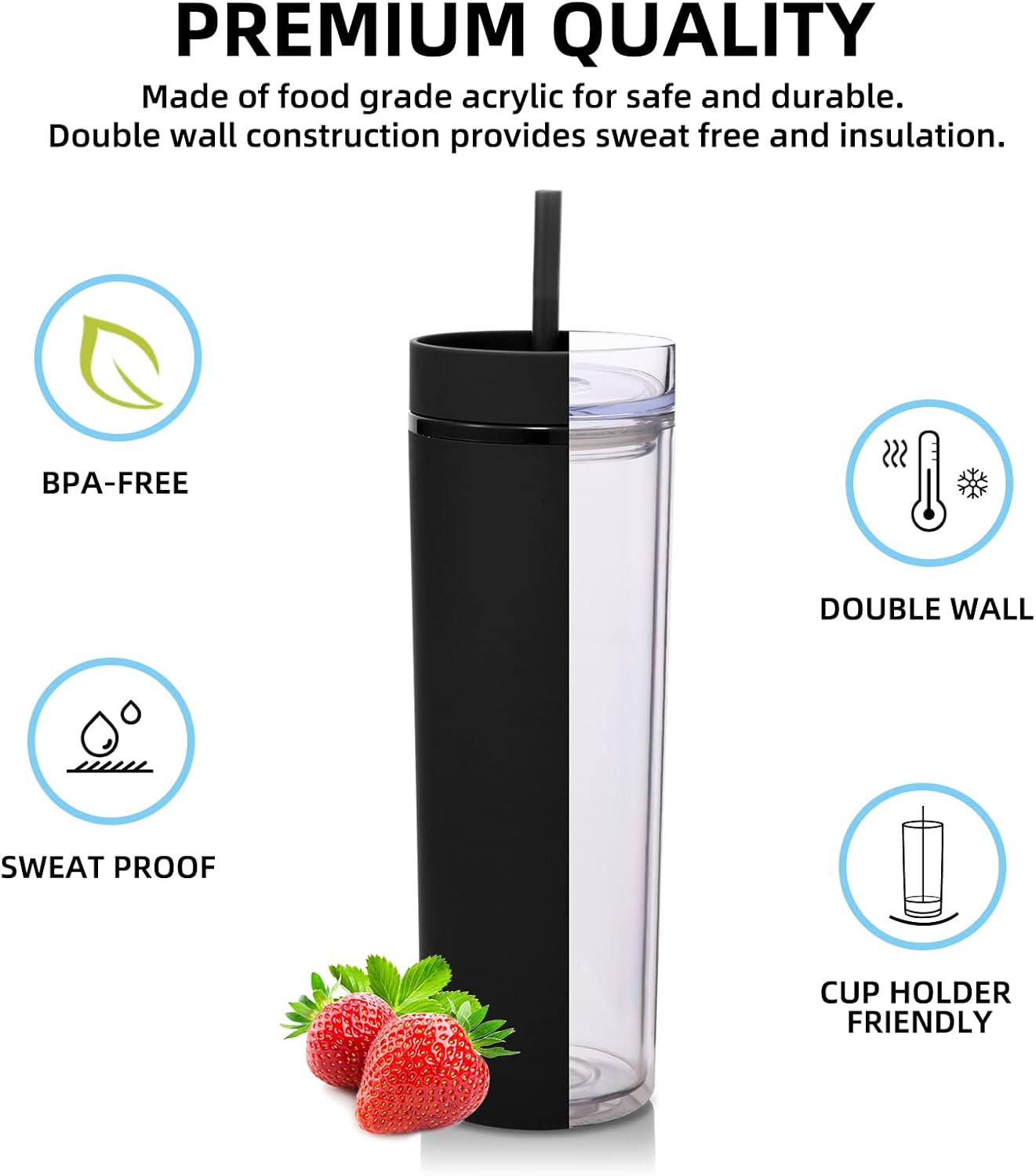 Volhoply 20oz Plastic Skinny Tumbler,Double Wall Tumblers with Lid and Straw,Reusable Travel Iced Coffee Mug,BPA Free Matte Acrylic Water Cups With Straw for Parties,DIY Gifts(Clear,1 Set)