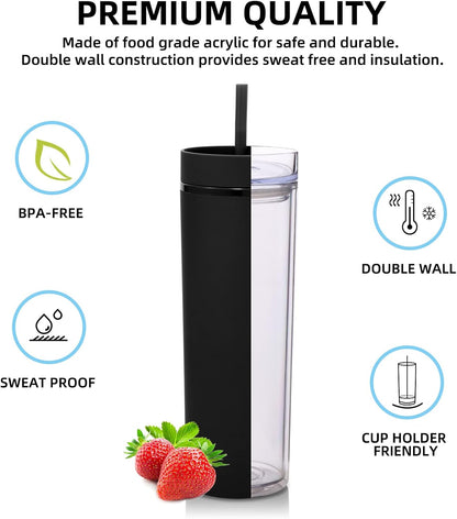 Volhoply 20oz Plastic Skinny Tumbler,Double Wall Tumblers with Lid and Straw,Reusable Travel Iced Coffee Mug,BPA Free Matte Acrylic Water Cups With Straw for Parties,DIY Gifts(Clear,1 Set)