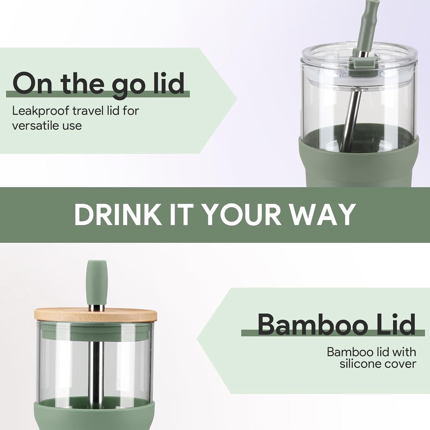 Glass Tumbler with Lids and Straws, 20 oz Iced Coffee Cup and Smoothie Cup with Bamboo Lid and On the go Lid,Glass Cups With Straws