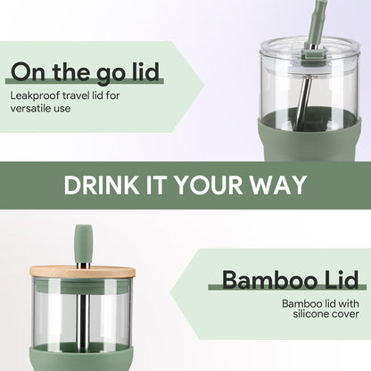Glass Tumbler with Lids and Straws, 20 oz Iced Coffee Cup and Smoothie Cup with Bamboo Lid and On the go Lid,Glass Cups With Straws