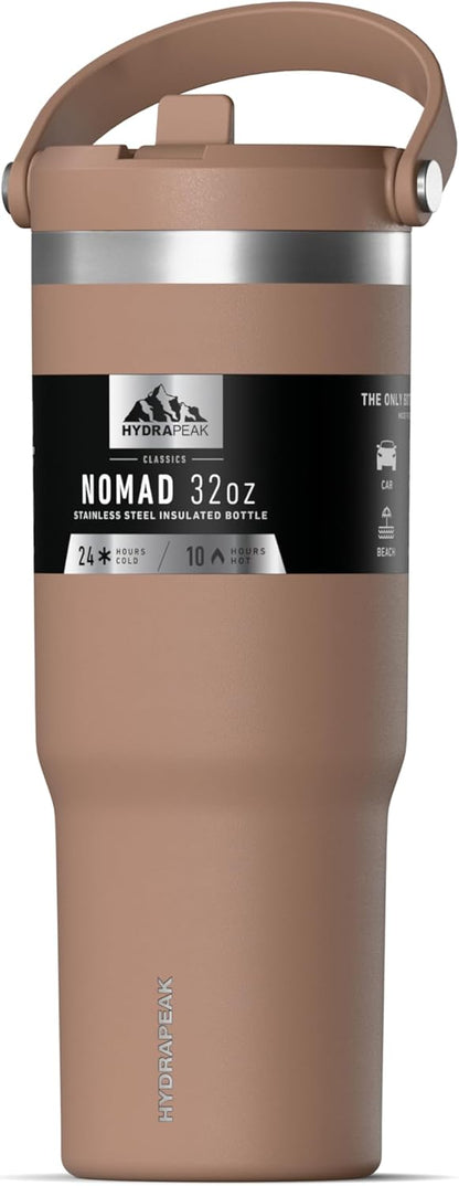 Hydrapeak Nomad 32oz Insulated Stainless Steel Travel Tumbler with Handle & Straw Lid, Leakproof, Cupholder Friendly, Keeps Drinks Cold 24 Hours, Reusable Bottle for Daily Hydration (Pale Sage)