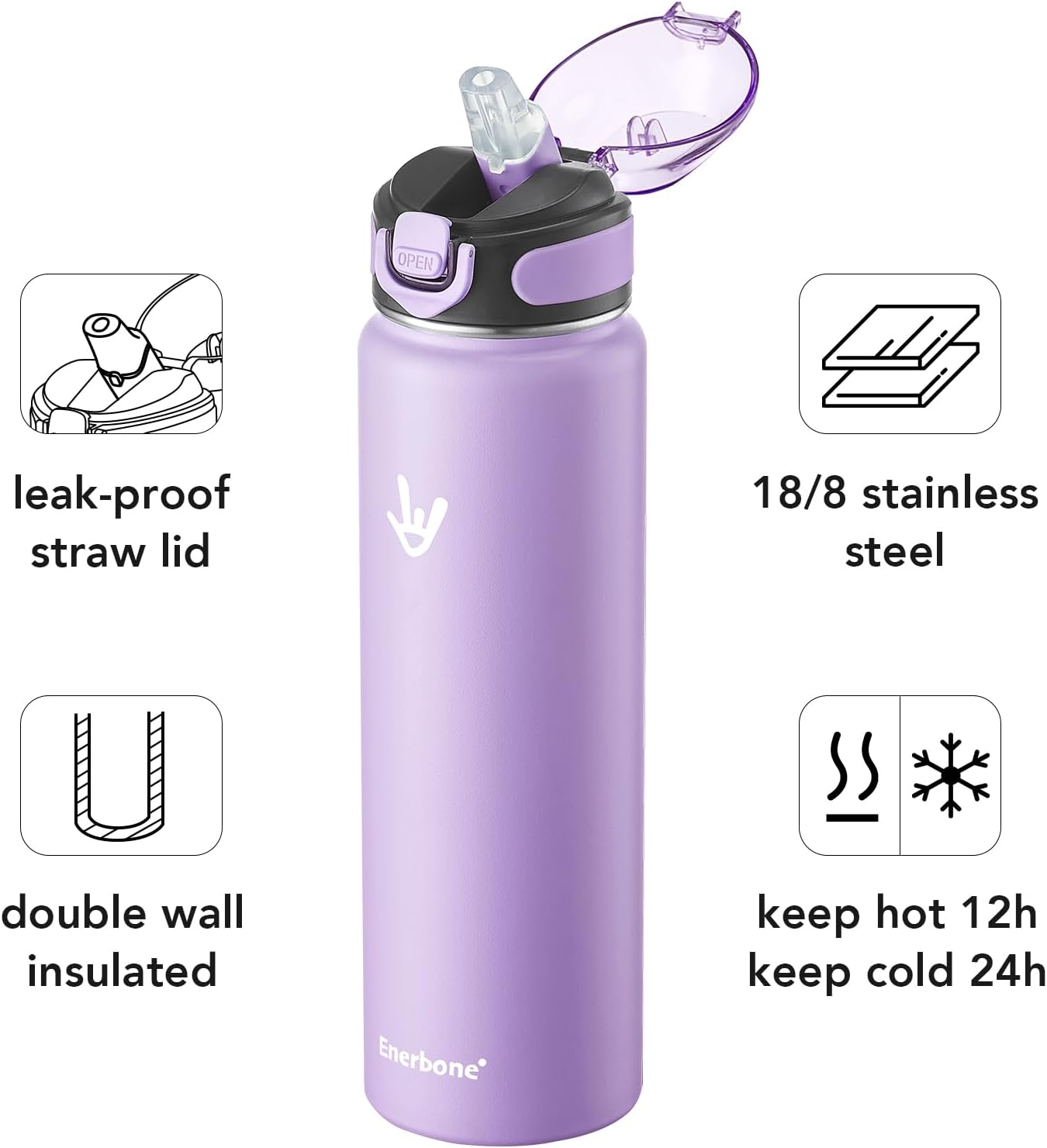 Enerbone 24 oz Insulated Water Bottle, Stainless Steel Bottle with Carrying Strap, Double-Wall Vacuum Insulation Design, Leakproof Sports Bottle with Straw, Keep Drinks Cold or Hot for Hours