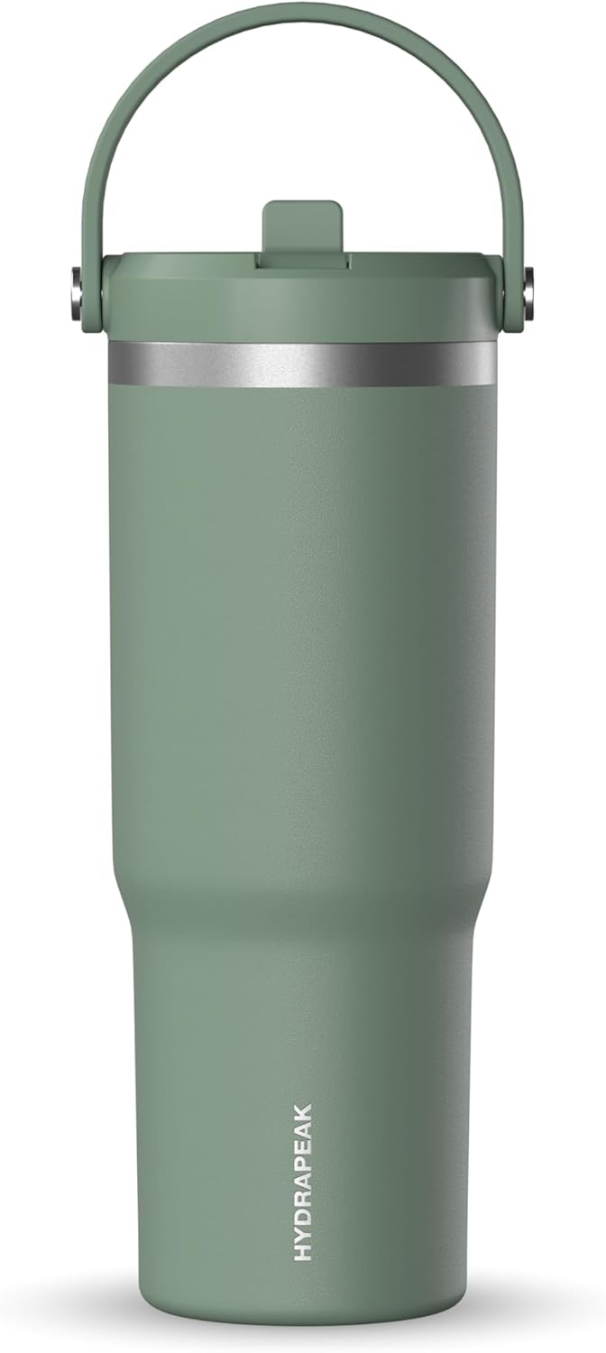 Hydrapeak Nomad 32oz Insulated Stainless Steel Travel Tumbler with Handle & Straw Lid, Leakproof, Cupholder Friendly, Keeps Drinks Cold 24 Hours, Reusable Bottle for Daily Hydration (Pale Sage)