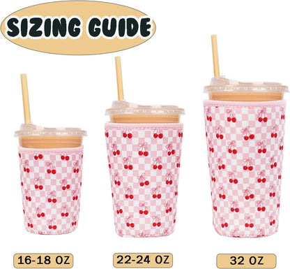 Reusable Insulated Neoprene Iced Coffee Cup Sleeve, Durable Drink Sleeve for Cold Beverages, Beverage Holder for Iced Coffee, Floral Checkers