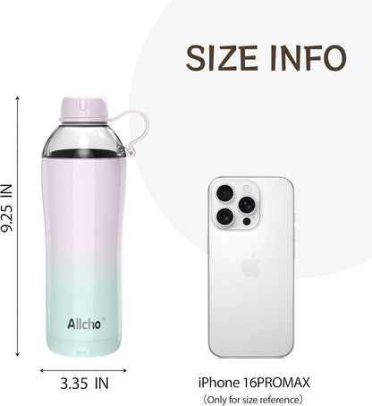 Allcho Insulated Water Bottle for Women, 18oz Stainless Steel Leak Proof Tumbler with 2 Lids, BPA-Free Tritan Chug & Straw Lid, Double Wall Vacuum Flask