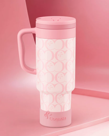 40 oz Insulated Tumbler with Handle and Push-Button Straw Lid, Stainless Steel Travel Cup for Gym Office, Leakproof, BPA-Free, Cup Holder Friendly, Bow Silicone Boot, Purple (Light Lilac)
