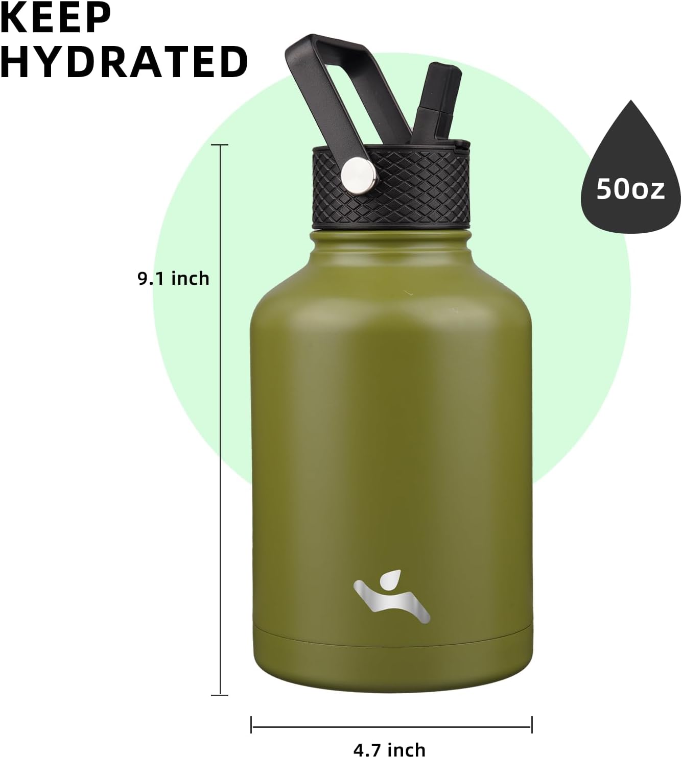 Konokyo 22oz Stainless Steel Bottles with 3 Lids Sport Insulated Water Bottle,Mint