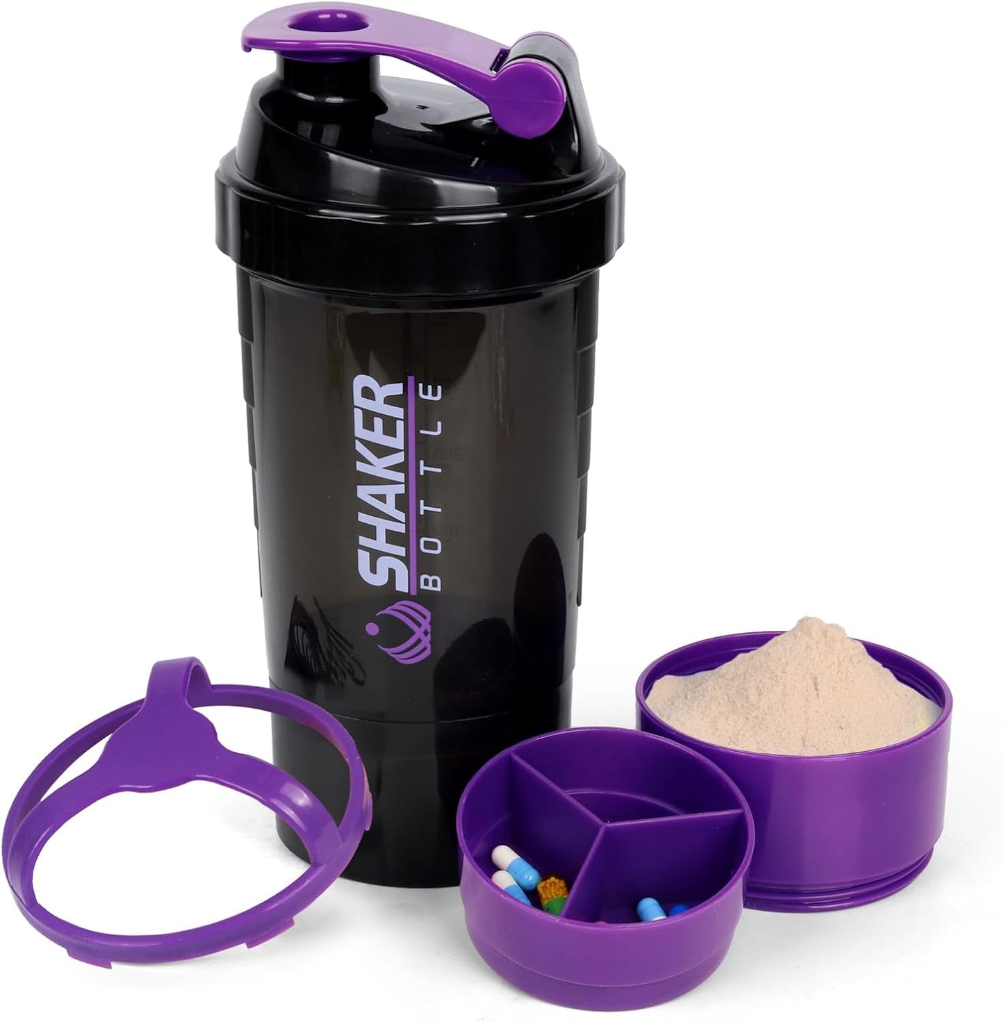 XTK Shaker Bottle 16OZ Protein Shaker Bottles with Mix Ball Sports Water Bottle Leak Proof GYM Cup for Protein Mixes with Powder Storage & Pill Organizer, Ideal for Pre Workout,BPA Free(black)