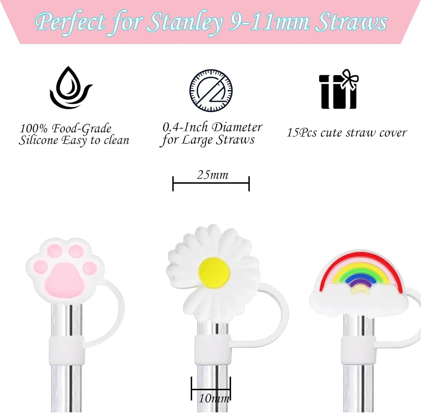 15Pcs Straw Toppers for Stanley Cup, Silicone 10mm Straw Cover Cap for Stanley 30 40oz Tumblers, Reusable Lid Accessories