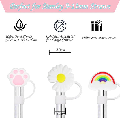 15Pcs Straw Toppers for Stanley Cup, Silicone 10mm Straw Cover Cap for Stanley 30 40oz Tumblers, Reusable Lid Accessories