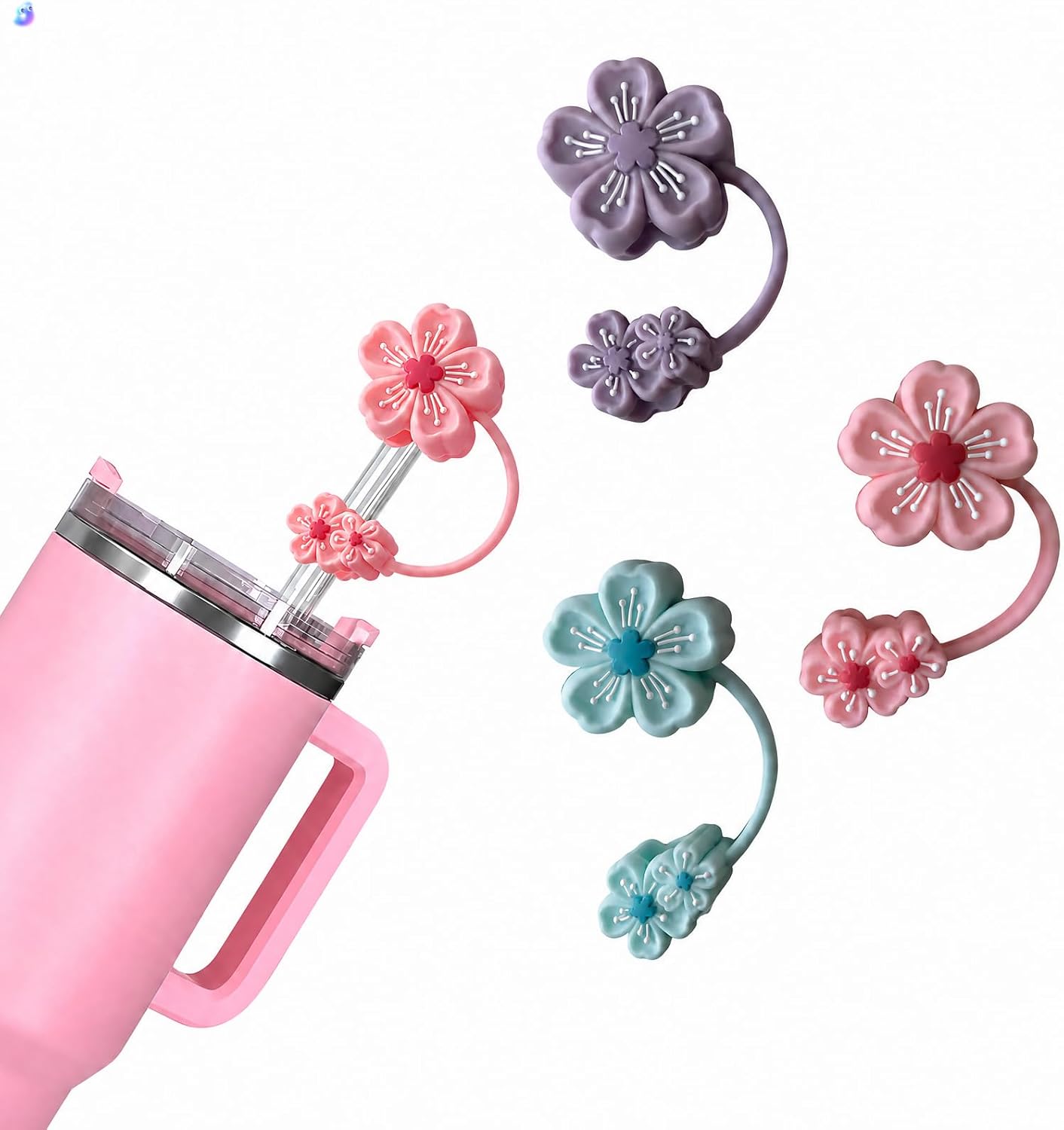 BTYHAOS Silicone Straw Caps for 10mm Tumblers | Reusable Dust-Proof Straw Toppers Compatible with Stanley 30oz & 40oz Tumblers (Purple Flower 3pc)