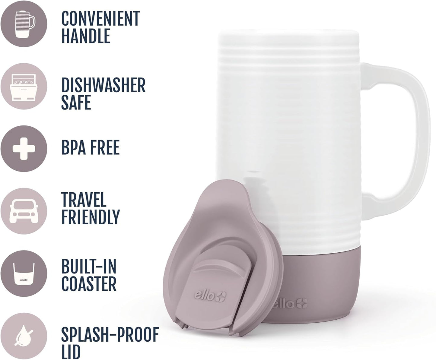 Ello Jane 18oz Ceramic Travel Mug with Handle, Splash-Resistant Slider Lid and Built-in Coaster, Perfect for Coffee and Tea, BPA Free, Dishwasher Safe, Gift for Him Her Mother's Day Birthday, Sandbar