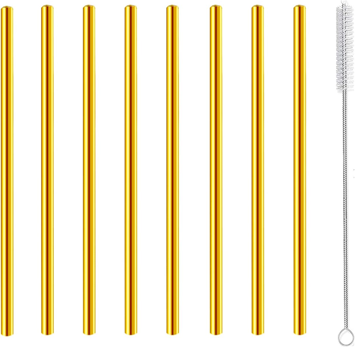 Stainless Steel Straws Metal Reusable Drinking Straw for Juice Iced Coffee Cold Beverage Water Highball Glasses 20oz Tumblers Mugs Cups, 0.24" 6mm Wide 215mm Long, Set of 8 with Brush, Silver