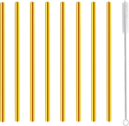 Stainless Steel Straws Metal Reusable Drinking Straw for Juice Iced Coffee Cold Beverage Water Highball Glasses 20oz Tumblers Mugs Cups, 0.24" 6mm Wide 215mm Long, Set of 8 with Brush, Silver