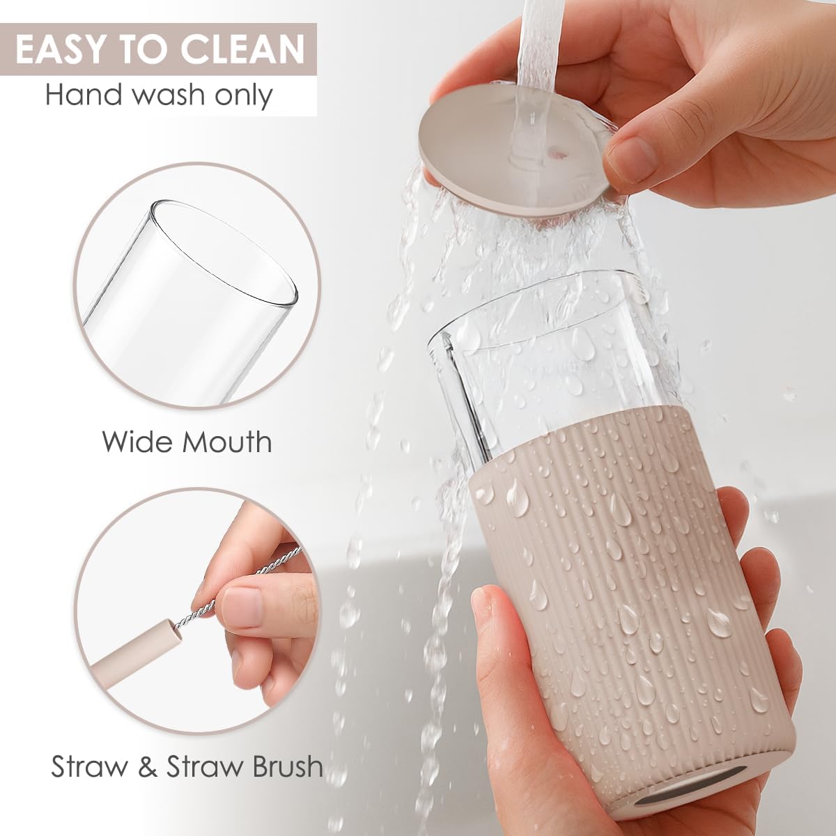 SANDJEST Glass Tumbler with Straw and Lid, Glass Water Bottle with Silicone Sleeve 20oz, Smoothie, Iced Coffee Cup, Gifts for Women Teen Girls Birthday Christmas (Cream)