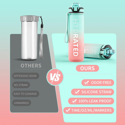 QLUR Water Bottle with Straw, 32oz Motivational Water Bottles with Time Marker to Drink, Tritan BPA Free, 1L Sports Water Bottle with Carry Strap LeakProof for Women Gym Fitness Outdoor (1 Pack)
