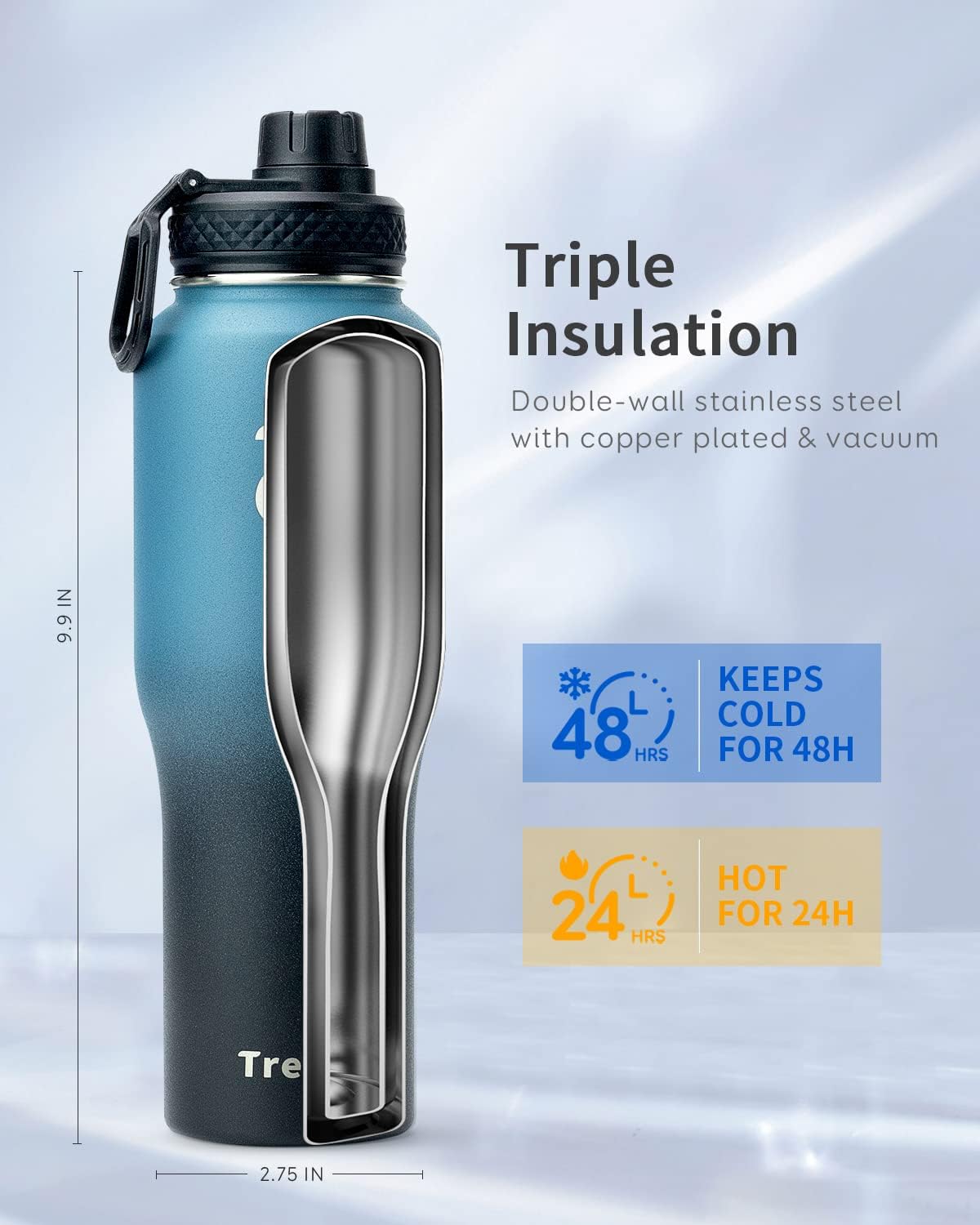Trebo 40 oz Water Bottle Insulated Fit Car Cup Holder with Handle, Stainless Steel Water Bottles Tumbler with Spout Straw Lids, Double Wall Travel Reusable Flask, Leakproof Mug,Keep Cold &Hot,Black