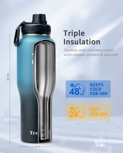 Trebo 40 oz Water Bottle Insulated Fit Car Cup Holder with Handle, Stainless Steel Water Bottles Tumbler with Spout Straw Lids, Double Wall Travel Reusable Flask, Leakproof Mug,Keep Cold &Hot,Black
