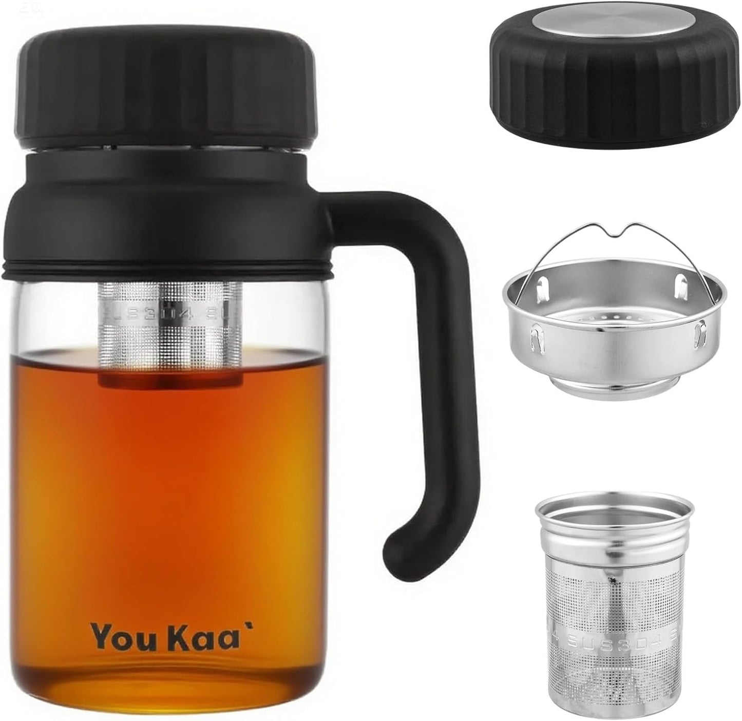 32oz Glass Water Bottle, Tea Bottle with Infuser & Handle, BPA-Free Leakproof Wide Mouth Large Tea Infuser cup for Hot or Cold Drinks, Loose, Fruit (White)