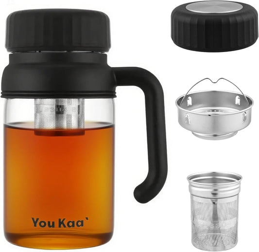 32oz Glass Water Bottle, Tea Bottle with Infuser & Handle, BPA-Free Leakproof Wide Mouth Large Tea Infuser cup for Hot or Cold Drinks, Loose, Fruit (White)