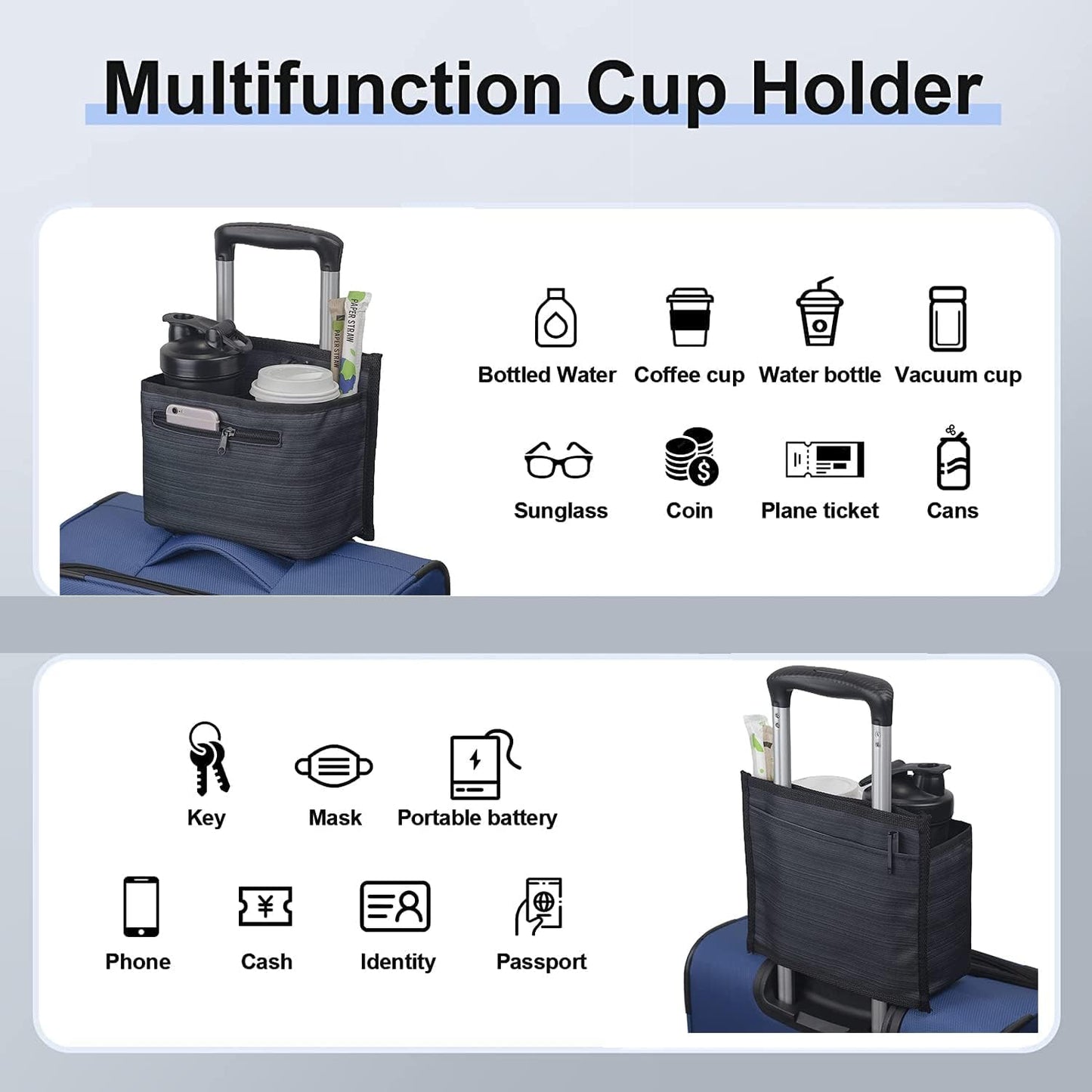 ZHCHG Luggage Travel Cup Holder Attachment for Suitcase Drink Carrier Caddy, Coffee Mug and Tumblers, Traveler Carry on Hands Free Accessory- Gifts for Flight Attendants Travelers Accessories- Black