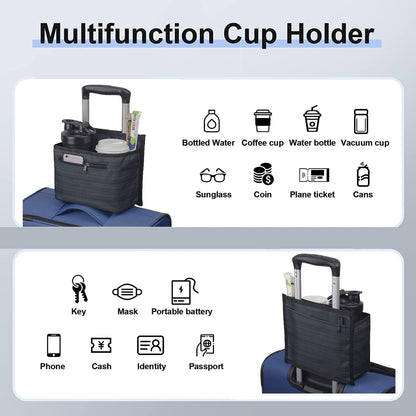 ZHCHG Luggage Travel Cup Holder Attachment for Suitcase Drink Carrier Caddy, Coffee Mug and Tumblers, Traveler Carry on Hands Free Accessory- Gifts for Flight Attendants Travelers Accessories- Black