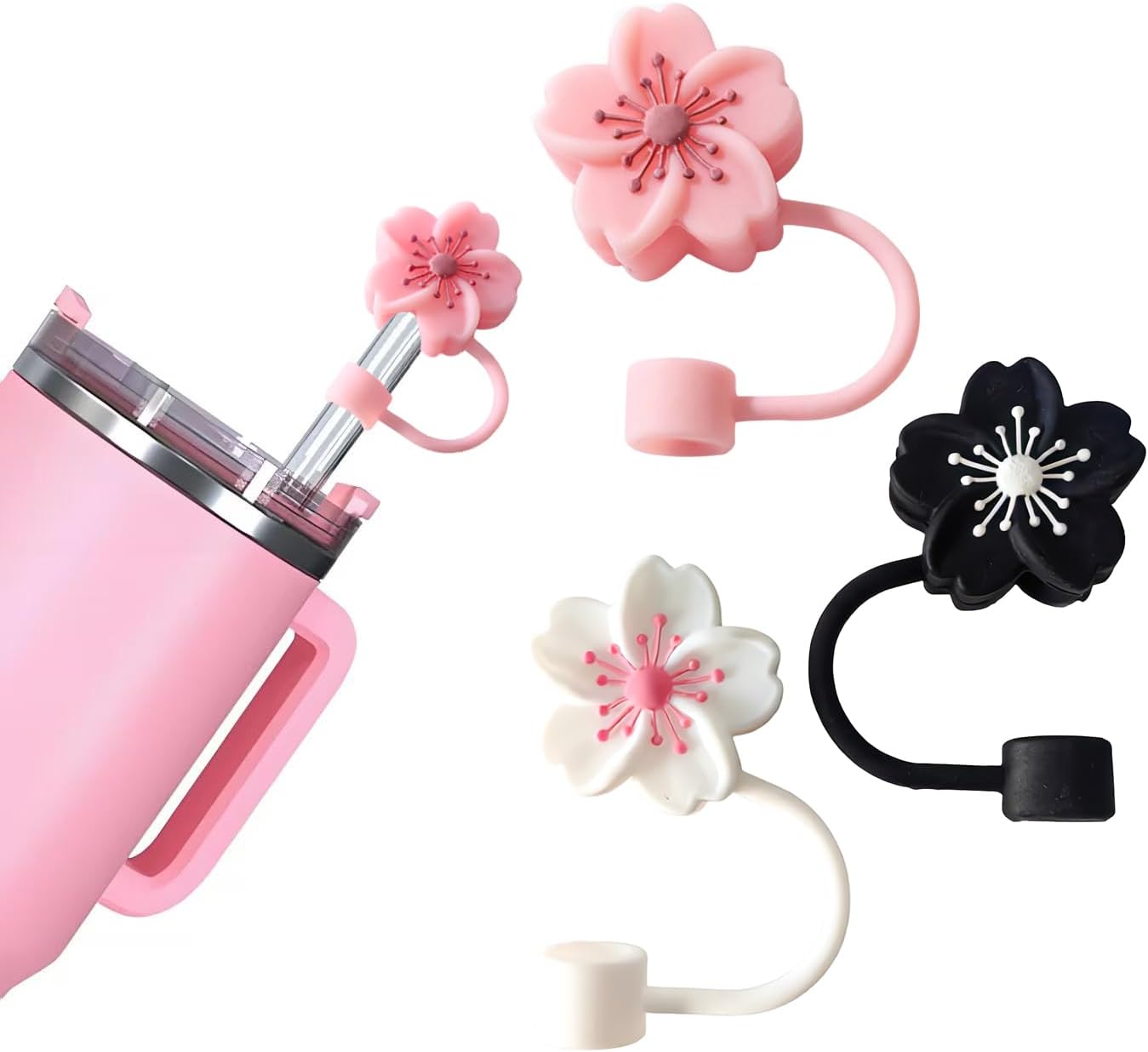 BTYHAOS Silicone Straw Caps for 10mm Tumblers | Reusable Dust-Proof Straw Toppers Compatible with Stanley 30oz & 40oz Tumblers (Purple Flower 3pc)