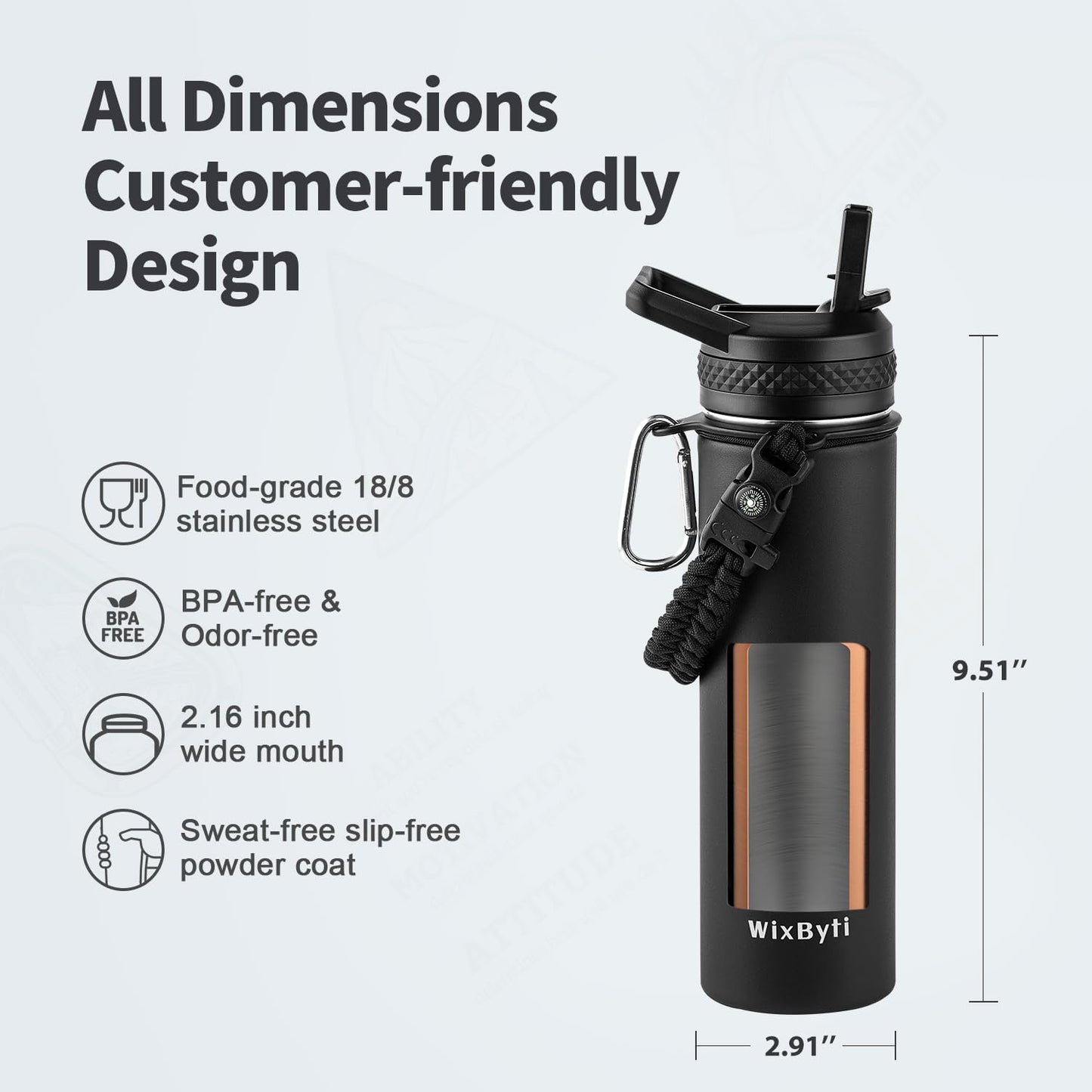 WixByti 40 oz Insulated Water Bottle with Straw (Cold for 36 Hrs), Stainless Steel Triple Wall Vacuum Sports Water Jug, Leakproof Hydro Cup Flask with Paracord Handle & Straw Spout Lids & DIY Stickers