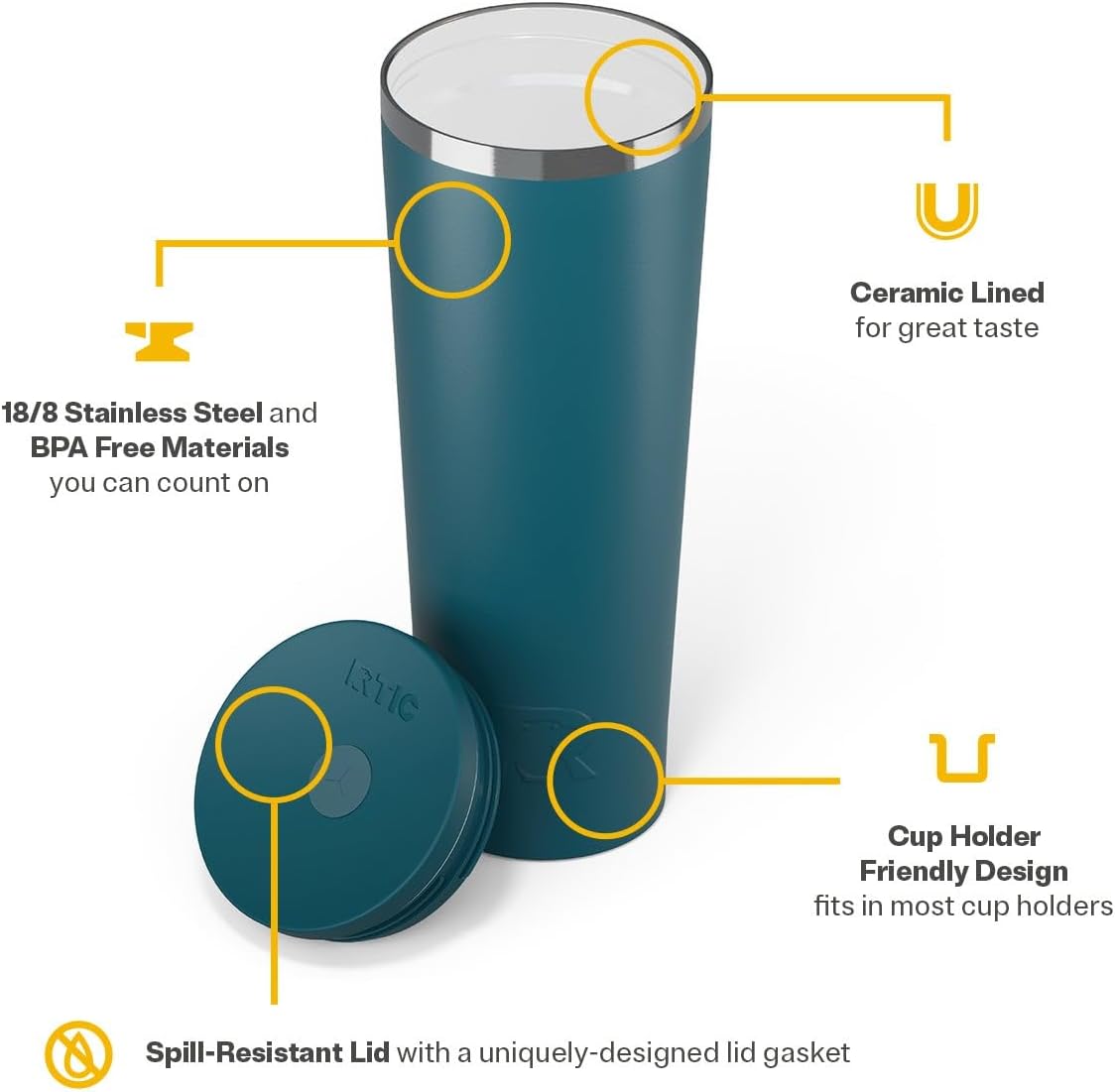 RTIC 20oz Everyday Tumbler Insulated Stainless Steel Portable Travel Coffee Cup with Straw, Ceramic Lining, Spill-Resistant Lid, BPA-Free, Hot and Cold Drink, Beach