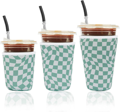 Reusable Insulated Neoprene Iced Coffee Cup Sleeve, Durable Drink Sleeve for Cold Beverages, Beverage Holder for Iced Coffee, Floral Checkers