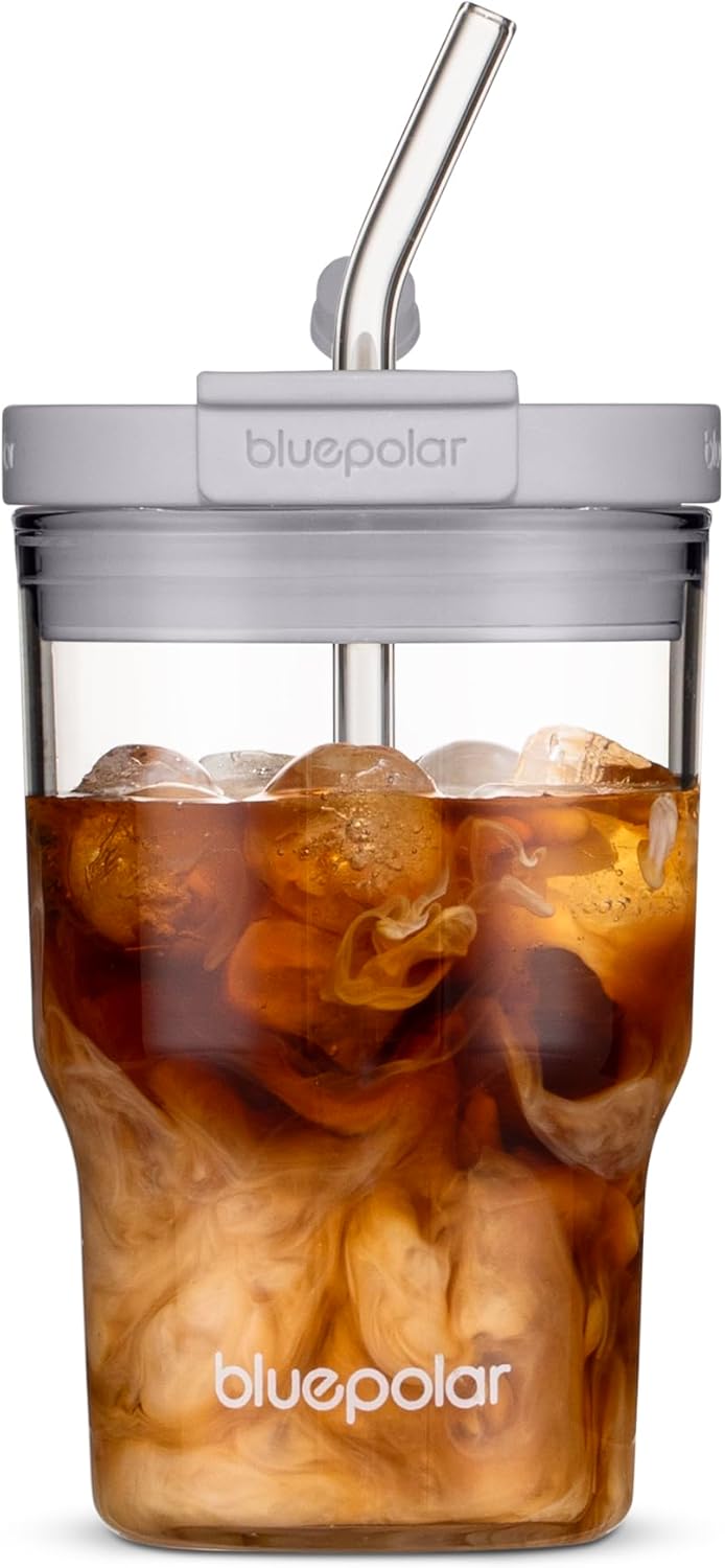 BLUEPOLAR 16oz/480ml Iced Coffee Cups With Lids And Straws,Reusable Leakproof Glass Tumbler,Water Bottles,Cold Brew,Drinking Jars For Juicing,Matcha,Tea,Smoothie For Travel,Office (Off-White)
